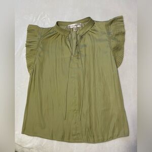 Catherine Malandrino Olive Green Pleated Flutter Sleeve & Neckline Blouse NWOT